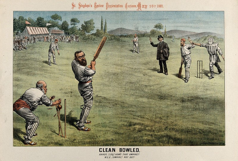 British politicians playing cricket: Parnell, batting with a bat marked "treason" is bowled by The Times newspaper. Lithograph by Tom Merry, 14 May 1887.