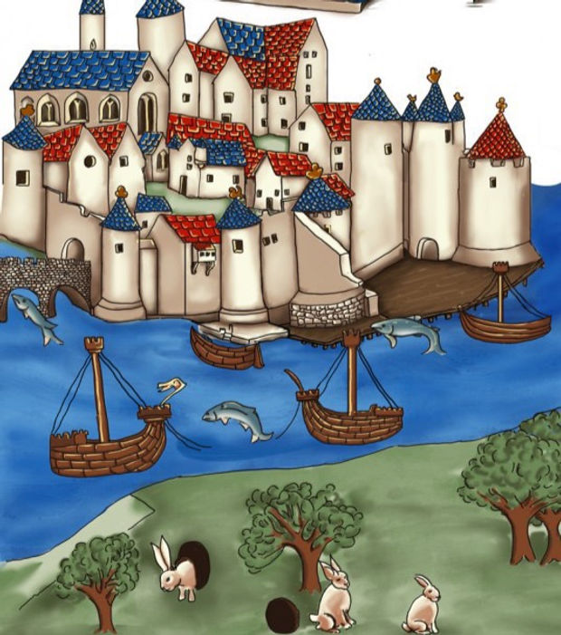Illustration from the charter roll of white battlements and blue turrets of medieval Waterford