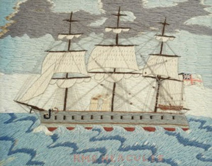 Sailor's embroidered wool art or woolly of steam ship