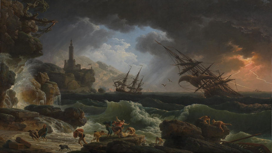 Classical painting of two ships tossed on stormy seas