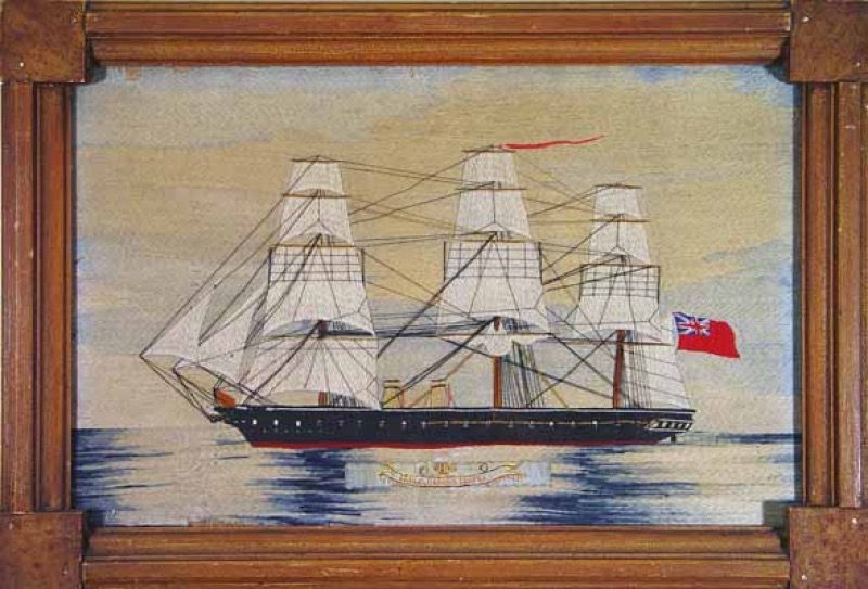 Sailor's embroidered wool art or woolly of sailing ship