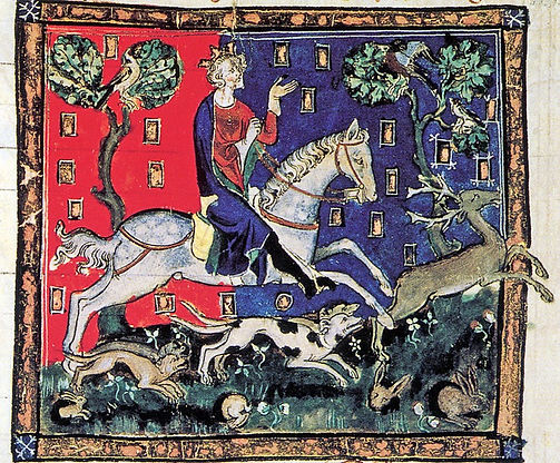 Illustration from a medieval manuscript of King John hunting deer and rabbits on horseback with hounds