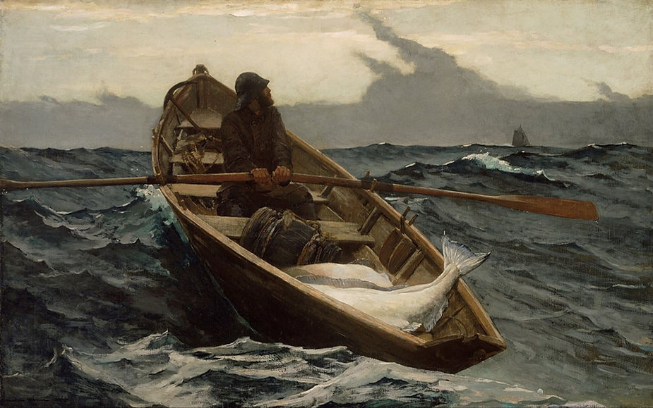 Painting by artist Winslow Homer of fisherman rowing boat on rough sea