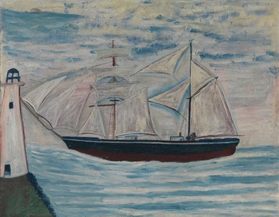 Painting of a ship and lighthouse by artist Alfred Wallis