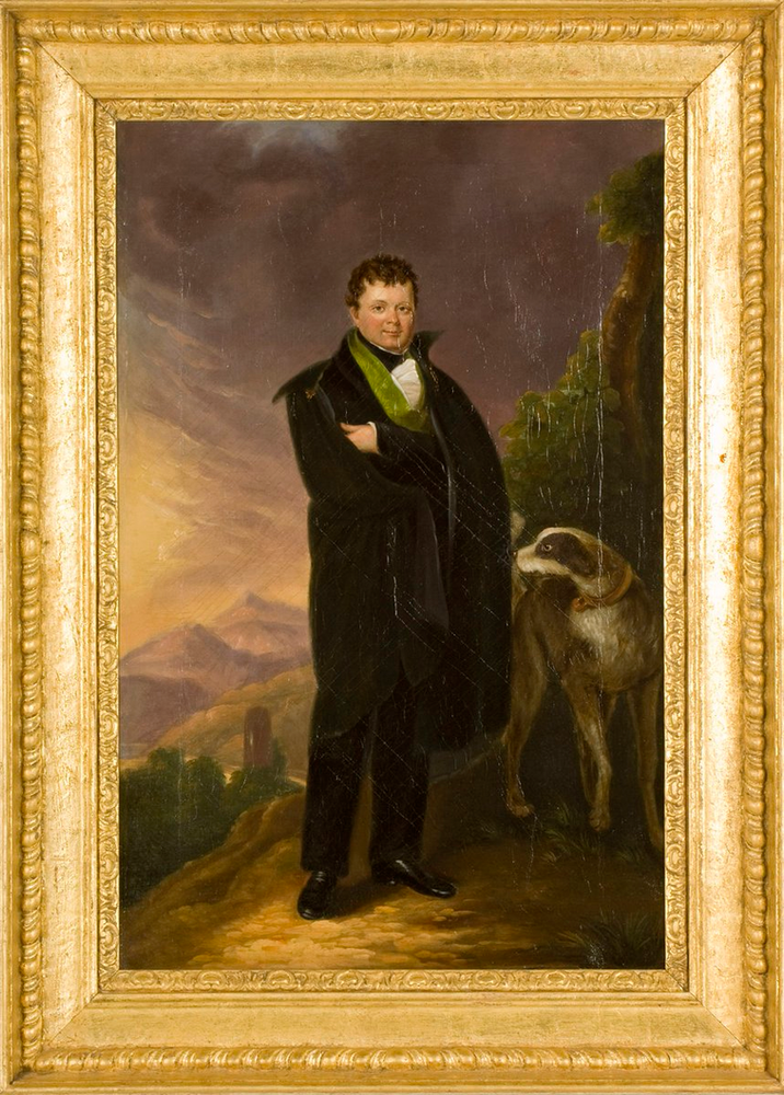 Daniel O'Connell dressed as an Irish Chieftain with a trusty wolfhound by his side. By this point the dogs were a symbol of Irish identity.