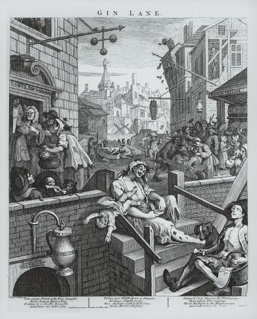 Hogarth's 'Gin Lane', showing an 'unnatural mother' so drunk she literally drops her baby in a gutter