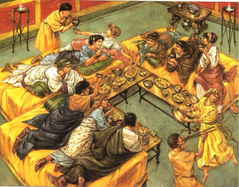 A Roman feast, the Romans dined lying down as feasts could go on for many hours